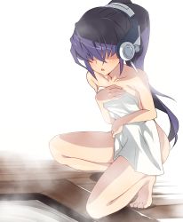 Rule 34 | 1girl, barefoot, breasts, covering breasts, covering privates, feet, hair over eyes, headphones, highres, kyoukaisenjou no horizon, legs, mukai suzu, naked towel, nude, nude cover, on one knee, onsen, ponytail, purple hair, solo, squatting, steam, touryou, towel