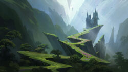 Rule 34 | andreas rocha, architecture, artist name, atmospheric perspective, bird, building, cliff, commentary, dated, day, door, english commentary, european architecture, fablecraft, fantasy, floating, floating object, floating rock, fog, foliage, forest, gothic architecture, grass, haze, highres, hill, house, landscape, levitation, light rays, moss, mountain, nature, no humans, outdoors, path, road, rock, scenery, signature, sky, spire, sunbeam, sunlight, tree, white sky, wide shot, window