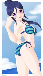 Rule 34 | 1girl, absurdres, artist name, beach, blue background, blue hair, breasts, full body, highres, im-masterx, long hair, looking at viewer, love live!, love live! sunshine!!, matsuura kanan, medium breasts, ponytail, purple eyes, smile, solo, swimsuit, thighs