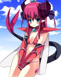 Rule 34 | 1girl, armor, between legs, bikini, bikini armor, blue eyes, blue sky, blush, cape, choker, cloud, cowboy shot, curled horns, day, dragon girl, dragon horns, dragon tail, elizabeth bathory (brave) (fate), elizabeth bathory (fate), fate/grand order, fate (series), female focus, gradient background, hair between eyes, hair ribbon, hairband, hand between legs, have to pee, horns, looking at viewer, open mouth, outdoors, own hands together, pauldrons, pink hair, pointy ears, purple ribbon, red armor, red bikini, red choker, ribbon, ruugaruu, shoulder armor, sky, solo, standing, swimsuit, tail, two side up, v arms, white cape, white hairband