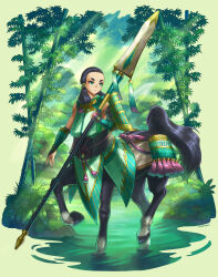 Rule 34 | armor, artist name, bamboo, black hair, centaur, dated, day, forest, green eyes, highres, holding, holding polearm, holding weapon, konji (yomn), long hair, nature, original, outdoors, polearm, solo, standing, tassel, taur, thick eyebrows, wading, water, weapon