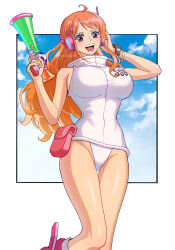 Rule 34 | 1girl, bare shoulders, belt bag, blue sky, blush, boots, border, bracelet, breasts, brown eyes, closed mouth, cloud, cloudy sky, curvy, egghead island, feet out of frame, from behind, gun, hand up, headphones, highres, holding, holding gun, holding weapon, hooded leotard, jewelry, knee boots, large breasts, leotard, log pose, long hair, looking at viewer, looking to the side, nami (one piece), nami (one piece) (egghead), nami (one piece) (post-timeskip), official alternate costume, one piece, open mouth, orange hair, outside border, pink bag, pink footwear, pink headphones, science fiction, sky, smile, solo, thighs, twitter username, weapon, white border, white leotard, youkan (tako)