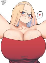 Rule 34 | 1girl, bangs pinned back, bare shoulders, blonde hair, blue eyes, blush, breasts, bright pupils, cleavage, closed mouth, collarbone, curvy, dress, female focus, folded hair, forehead, foreshortening, gigantic breasts, glasses, hair pulled back, heart, highres, hug, inconvenient breasts, inne sulistya robin, long hair, looking at viewer, norman maggot, off-shoulder dress, off shoulder, original, outstretched arms, red dress, smile, solo, speech bubble, spoken heart, strapless, tube top, upper body, veins, veiny breasts