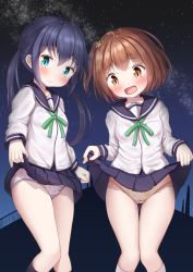 Rule 34 | 2girls, :d, black hair, black socks, blue eyes, blue sailor collar, blue skirt, blush, brown eyes, brown hair, closed mouth, clothes lift, commentary request, green ribbon, hair ornament, highres, kneehighs, koisuru asteroid, konohata mira, lifted by self, long hair, long sleeves, looking at viewer, manaka ao, mochiyuki, multiple girls, neck ribbon, night, night sky, one side up, open mouth, outdoors, panties, pleated skirt, polka dot, polka dot panties, print panties, ribbon, sailor collar, school uniform, serafuku, shirt, skirt, skirt lift, sky, smile, socks, star (sky), star (symbol), star hair ornament, star panties, star print, starry sky, twintails, underwear, very long hair, white legwear, white panties, white shirt