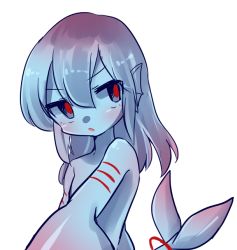 Rule 34 | 1girl, animal ears, blue eyes, blue hair, blue sclera, blue skin, blush, colored sclera, colored skin, filet (kai himo), fins, gills, gradient hair, head fins, head tilt, kai himo, looking away, monster girl, multicolored hair, nude, original, parted lips, pink hair, red pupils, simple background, solo, tail, upper body, white background