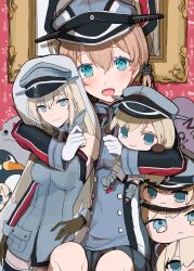 Rule 34 | 1girl, anchor hair ornament, aqua eyes, bismarck (kancolle), black skirt, blonde hair, commentary request, dakimakura (object), gloves, grey hat, grey jacket, hair ornament, hat, highres, implied yuri, indoors, jacket, kantai collection, low twintails, military hat, military uniform, miniskirt, open mouth, peaked cap, pillow, pleated skirt, prinz eugen (kancolle), shamomo, skirt, smile, solo, tongue, twintails, uniform, white gloves