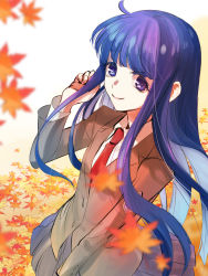 Rule 34 | 1girl, autumn leaves, blue hair, female focus, furude rika, higurashi no naku koro ni, looking at viewer, natsumi kei, purple eyes, school uniform, solo, white background