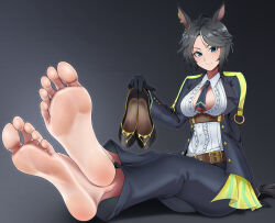 Rule 34 | 1girl, absurdres, ahoge, animal ears, arm support, barefoot, between breasts, black footwear, black gloves, black hair, black jacket, black necktie, black pants, blue eyes, breasts, center frills, cleavage, collared shirt, commentary request, commission, ear ornament, ear piercing, feet, foot focus, frilled shirt, frills, fuji kiseki (umamusume), full body, gloves, hair between eyes, hand up, highres, holding, holding shoes, horse ears, horse girl, jacket, large breasts, long sleeves, looking at viewer, multicolored hair, necktie, necktie between breasts, open clothes, open jacket, pants, piercing, pixiv commission, shadow, shirt, shoes, short hair, sidelocks, sitting, smile, soles, solo, speech bubble, toes, tsa, umamusume, underbust, unworn shoes, white hair, white shirt