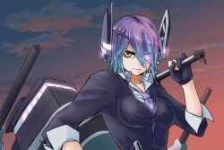 Rule 34 | 10s, 1girl, breasts, eyepatch, gloves, glowing, headgear, highres, kantai collection, looking at viewer, necktie, over shoulder, partially fingerless gloves, purple hair, retora, school uniform, short hair, solo, sword, tenryuu (kancolle), weapon, weapon over shoulder, yellow eyes