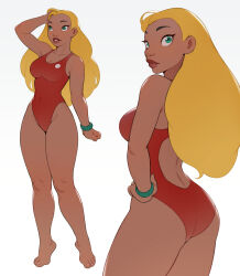 Rule 34 | 1girl, ass, back cutout, barefoot, blonde hair, breasts, brown lips, cheshirrr, clothing cutout, collarbone, commentary, dark-skinned female, dark skin, disney, english commentary, extra, flat ass, full body, green eyes, highres, lifeguard (lilo &amp; stitch), lilo &amp; stitch, lips, long hair, medium breasts, mismatched eyebrows, multiple views, nose, one-piece swimsuit, red one-piece swimsuit, solo, standing, swimsuit, thick thighs, thighs, toenails, watch, wide hips, wristwatch