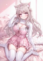 Rule 34 | 1girl, animal ear fluff, animal ears, blush, breasts, brown hair, cat ears, cat girl, cat tail, cleavage, dress, highres, indie virtual youtuber, large breasts, long hair, looking at viewer, mirukurim, pink dress, pink hair, ribbed thighhighs, shrug (clothing), sitting, sleeves past wrists, smile, solo, tail, thighhighs, uise iu, virtual youtuber, wariza, white thighhighs