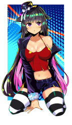 Rule 34 | 1girl, bare shoulders, between legs, black hair, black hat, black jacket, blue shorts, breasts, camisole, commission, crop top, halterneck, hat, highres, jacket, kneeling, large breasts, long hair, long sleeves, looking at viewer, midriff, navel, off shoulder, open clothes, open jacket, original, purple eyes, red shirt, shirt, short shorts, shorts, sleeveless, sleeveless shirt, solo, spaghetti strap, striped clothes, striped thighhighs, thighhighs, top hat, twomoon, very long hair
