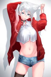 Rule 34 | 1girl, absurdres, black thighhighs, blue eyes, blue shorts, breasts, choker, collared crop top, cowboy shot, crop top, denim, denim shorts, girls&#039; frontline, gradient hair, hair between eyes, hair ornament, hair tie in mouth, hairclip, highres, holding, holding own hair, jacket, long hair, lwmmg (girls&#039; frontline), medium breasts, midriff, mouth hold, multicolored hair, navel, open clothes, open jacket, pink hair, red jacket, shinoe nun, short shorts, shorts, silver hair, single thighhigh, solo, standing, stomach, thighhighs, twintails, two-tone hair, tying hair