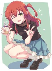 Rule 34 | 1girl, black footwear, black shirt, blue skirt, bocchi the rock!, colored shadow, cup, drinking straw, e20, food, frilled skirt, frills, green background, green eyes, hair between eyes, highres, holding, holding cup, kita ikuyo, long hair, one side up, red hair, shadow, shirt, shoes, short sleeves, skirt, socks, solo, squatting, tiptoes, two-tone background, white background, white socks