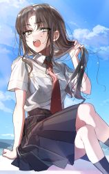 Rule 34 | 1girl, absurdres, arm behind back, arm support, black skirt, black socks, blue sky, bra visible through clothes, brown eyes, brown hair, cloud, collared shirt, commentary request, crossed legs, day, eyes visible through hair, highres, holding, holding own hair, kneehighs, long hair, looking at viewer, necktie, open mouth, original, outdoors, parted bangs, pleated skirt, red necktie, school uniform, see-through, shirt, shirt tucked in, short sleeves, sitting, skirt, sky, socks, solo, summer uniform, teeth, upper teeth only, wata (attaka towel), wet, wet clothes, wet hair, wet shirt, white shirt