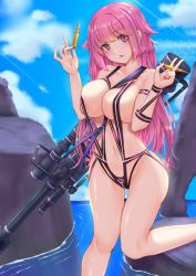 Rule 34 | 14.5x114mm, 1girl, ammunition, anti-materiel cartridge, anti-materiel rifle, anti-tank cartridge, bare shoulders, blush, breasts, bullet, cannon cartridge, collarbone, convenient censoring, denel land systems, girls&#039; frontline, gun, hair flaps, highres, hmg cartridge, holding, holding bullet, large-caliber cartridge, large breasts, long hair, military cartridge, nail polish, navel, ntw-20, ntw-20 (girls&#039; frontline), ocean, one-piece swimsuit, outdoors, pao mian+dan, parted lips, pink hair, red eyes, revealing clothes, rifle, rifle cartridge, skindentation, sky, sniper rifle, solo, standing, standing on one leg, swimsuit, thighs, water, weapon, wet