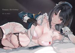Rule 34 | 10s, 1girl, bed, black gloves, black hair, black thighhighs, bra, breasts, cleavage, garter belt, gloves, hayakawa akari, highres, kantai collection, large breasts, looking at viewer, lying, military, military uniform, on side, open clothes, open shirt, panties, red eyes, short hair, smile, solo, takao (kancolle), thighhighs, underwear, uniform