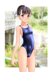 Rule 34 | 1girl, absurdres, black hair, black one-piece swimsuit, breasts, bridge, brown eyes, competition swimsuit, contrapposto, covered navel, cowboy shot, highleg, highleg swimsuit, highres, looking at viewer, one-piece swimsuit, original, photo background, ponytail, short hair, small breasts, solo, stream, swimsuit, takafumi, tan, tanline