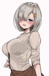 Rule 34 | 1girl, alternate costume, bag, blue eyes, blush, breasts, brown skirt, chigasaki yukari, grey sweater, hair ornament, hair over one eye, hairclip, hamakaze (kancolle), highres, holding, holding bag, kantai collection, large breasts, looking at viewer, short hair, silver hair, simple background, skirt, sleeves rolled up, smile, solo, sweater