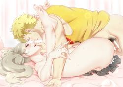 Rule 34 | 1boy, 1girl, all fours, arm grab, arm support, ass, bar censor, bare arms, barefoot, bed, bedroom, blonde hair, blue eyes, blush, bottomless, censored, clothed male nude female, collarbone, couple, cum, cum on clothes, earrings, erection, eye contact, eyes visible through hair, facing another, feet, flexible, from side, half-closed eyes, hand on another&#039;s cheek, hand on another&#039;s face, hand on another&#039;s neck, hand on neck, hand up, happy, happy sex, hetero, indoors, jewelry, kinhasu, legs up, long hair, looking at another, lying, mating press, missionary, navel, nude, on back, on bed, open mouth, partially undressed, penis, persona, persona 5, platinum blonde hair, pubic hair, pussy juice, room, sakamoto ryuuji, saliva, saliva trail, sex, shirt, short hair, skirt, sleeveless, sleeveless shirt, spread legs, sweat, takamaki anne, teeth, testicles, thick thighs, thighs, toes, tongue, twintails, yellow shirt