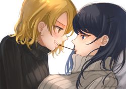 Rule 34 | 2girls, black hair, blonde hair, blue eyes, brown eyes, character request, commentary request, copyright request, food, food in mouth, fukuroumori, highres, multiple girls, pocky, pocky kiss, shared food, sweater, teeth, twitter username, white background, yuri