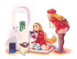 Rule 34 | 2girls, :q, blonde hair, controller, game console, green eyes, hairband, hand on own face, hat, holding, holding controller, juliet sleeves, leaning forward, long hair, long sleeves, low-tied long hair, multiple girls, no shoes, pink legwear, playstation 2, pleated skirt, profile, puffy sleeves, red skirt, ryoji (nomura ryouji), sitting, skirt, standing, television, thighhighs, tongue, tongue out, wariza, window