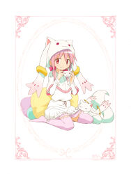 Rule 34 | 1girl, absurdres, adapted costume, animal hood, border, bow, capelet, closed eyes, closed mouth, cosplay, creature, creature on lap, cup, cushion, dot nose, dress, frilled dress, frills, full body, fur-trimmed capelet, fur trim, hair bow, hands up, happy, highres, holding, holding cup, hood, hooded capelet, kaname madoka, kyubey, kyubey (cosplay), light blush, limited palette, long sleeves, low twintails, mahou shoujo madoka magica, no shoes, nuzzle, official art, on floor, pillow, pink bow, pink eyes, pink hair, pink theme, pink thighhighs, shiotsuki kazuya, sidelocks, sideways glance, sitting, smile, solo, tareme, teacup, thighhighs, twintails, ultimate madoka, wariza, white border, white capelet, white dress, white theme, wing print, zettai ryouiki