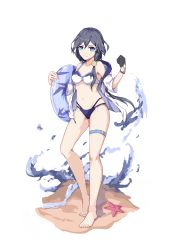 Rule 34 | 1girl, absurdres, bare legs, bare shoulders, barefoot, bikini, black gloves, blue bikini, blue eyes, breasts, chinese commentary, collarbone, commentary request, fu hua, full body, gloves, grey hair, groin, hand up, highleg, highleg bikini, highres, holding, honkai (series), honkai impact 3rd, innertube, jacket, long hair, looking at viewer, mismatched bikini, navel, off shoulder, open clothes, open jacket, shadow, short sleeves, single glove, small breasts, smile, solo, standing, starfish, stomach, swim ring, swimsuit, thigh strap, thighs, transparent background, wangdoung, water, white bikini, white jacket