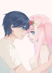 Rule 34 | 10s, 1boy, 1girl, absurdres, bad id, bad pixiv id, bare shoulders, black hair, blue eyes, breasts, chu dengdeng, closed mouth, commentary, couple, darling in the franxx, eyeshadow, flower, forehead-to-forehead, fringe trim, from side, green eyes, hair flower, hair ornament, heads together, hetero, highres, hiro (darling in the franxx), horns, large breasts, long hair, looking at viewer, makeup, nightgown, oni horns, pink hair, red horns, shirt, short hair, sleeveless, sleeveless shirt, spoilers, white nightgown, white shirt, zero two (darling in the franxx)