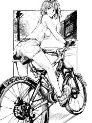 Rule 34 | 1girl, anezaki mamori, bicycle, breasts, camisole, copyright name, denim, denim shorts, eyeshield 21, from behind, greyscale, highres, looking at viewer, looking back, monochrome, outside border, riding, shoes, short shorts, shorts, sneakers, solo, twitter username, ueda-pix