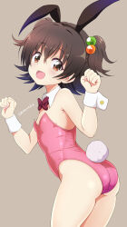 Rule 34 | 1girl, akagi miria, animal ears, ass, bow, bowtie, brown background, brown eyes, brown hair, clenched hands, commentary request, cowboy shot, detached collar, fake animal ears, fake tail, flat chest, hair between eyes, hair bobbles, hair ornament, hands up, highleg, highleg leotard, highres, idolmaster, idolmaster cinderella girls, idolmaster cinderella girls u149, leotard, light blush, looking at viewer, open mouth, pink leotard, rabbit ears, rabbit tail, red bow, red bowtie, short hair, short twintails, sidelocks, smile, solo, tail, tamayan, thighs, twintails, twitter username, wrist cuffs