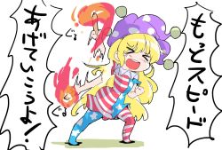 Rule 34 | &gt; &lt;, 1girl, american flag dress, american flag legwear, blonde hair, closed eyes, clownpiece, hat, highres, jester cap, long hair, open mouth, pantyhose, shinapuu, smile, solo, star (symbol), striped, torch, touhou, very long hair