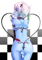 Rule 34 | 1boy, armlet, arrow (symbol), ass, bar censor, black gloves, blue skin, body writing, censored, checkered background, cigarette, collar, colored skin, cross, crossdressing, demon boy, demon tail, ear piercing, earrings, elbow gloves, english text, gloves, green hair, heart, heart tail, highres, jewelry, komezawa (kome nouka), lock, looking at viewer, looking back, multicolored hair, o-ring, o-ring top, original, padlock, penis, piercing, pink hair, profanity, ring, short twintails, single earring, single glove, smoking, solo, tail, testicles, trap, twintails, two-tone hair, yellow eyes