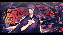 Rule 34 | 1boy, blood, braid, closed mouth, coat, coat on shoulders, distortion, empty eyes, hair between eyes, hand on own chest, hand up, highres, japanese clothes, ka ice ha, kamui gakupo, kimono, long hair, looking at viewer, male focus, no headwear, ponytail, purple eyes, purple hair, smile, solo, very long hair, vocaloid