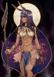 Rule 34 | 1girl, absurdres, animal ears, armlet, bracelet, breasts, dark-skinned female, dark skin, earrings, facepaint, fate/grand order, fate (series), hairband, hermithessa, highres, holding, holding staff, jewelry, large breasts, long hair, looking at viewer, looking to the side, low-tied long hair, navel, nitocris (fate), purple eyes, purple hair, serious, solo, staff, very long hair