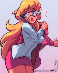 Rule 34 | 1girl, animal ears, blonde hair, blue eyes, blue outline, callie briggs, cowboy shot, flying sweatdrops, glasses, gradient background, highres, jacket, legs together, loen, long hair, long sleeves, looking at viewer, miniskirt, open mouth, outline, pink jacket, pink skirt, shirt, skirt, solo, standing, swat kats, talking on phone, white shirt