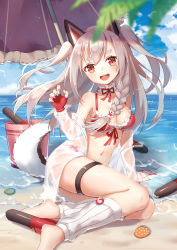 Rule 34 | 1girl, :d, absurdres, animal ears, arm support, azur lane, barefoot, beach, beach umbrella, bikini, bikini top only, blue nails, blue sky, blurry, blurry foreground, blush, bow, braid, breasts, bucket, claw pose, cleavage, cloud, cloudy sky, commentary request, day, depth of field, fingerless gloves, fingernails, frilled bikini, frilled bikini top, frills, front-tie top, gloves, grey hair, highres, horizon, jacket, leg warmers, long fingernails, long hair, looking at viewer, medium breasts, multicolored nails, nail polish, navel, ocean, open mouth, outdoors, pink nails, purple nails, red bikini, red bow, red eyes, red gloves, ribbon-trimmed bikini, ribbon-trimmed gloves, ribbon trim, see-through, sitting, sky, smile, solo, swimsuit, tail, teeth, thick eyebrows, torpedo, two side up, umbrella, upper teeth only, very long hair, yokozuwari, yuhuan, yuudachi (azur lane)