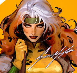 Rule 34 | brown jacket, gloves, green eyes, headband, high collar, highres, holding, holding clothes, holding jacket, jacket, lipstick, makeup, marvel, marvel vs. capcom, rogue (x-men), serious, shirt, signature, simple background, sozomaika, standing, unfinished, x-men, yellow shirt