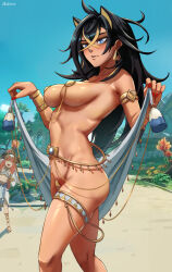 Rule 34 | 2girls, ahoge, animal ears, beach, black hair, blue eyes, breasts, collarbone, crossed bangs, dancer, dehya (genshin impact), feet out of frame, foliage, genshin impact, gold, hair between eyes, highres, long hair, looking at another, medium breasts, nilou (genshin impact), outdoors, pasties, revealing clothes, sky, smile, solo focus, sparkling eyes, thigh strap, thighs, ultrabinou
