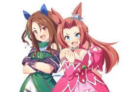 Rule 34 | 2girls, animal ears, bad id, bad pixiv id, bare shoulders, black gloves, blue eyes, blush, bow, breasts, brown hair, cleavage, clenched teeth, collared shirt, crossed arms, detached sleeves, dress, ear covers, gloves, green bow, green dress, hair between eyes, hair bow, hand on own hip, hand up, horse ears, kawakami princess (umamusume), king halo (umamusume), long hair, long sleeves, medium breasts, multiple girls, off-shoulder dress, off shoulder, one side up, parted bangs, pink dress, pink sleeves, red eyes, shirt, simple background, sleeveless, sleeveless shirt, teeth, uccow, umamusume, v-shaped eyebrows, very long hair, white background, white shirt