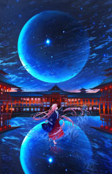 Rule 34 | 1girl, absurdres, architecture, blue sky, cloud, east asian architecture, highres, itsukushima shrine, japanese clothes, kenzo 093, kimono, long hair, looking away, original, pink eyes, pink hair, scenery, sky, solo, standing, standing on liquid, star (sky), starry sky