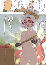 Rule 34 | 1boy, 1girl, apple, black gloves, breasts, censored, censored nipples, collarbone, completely nude, cowboy shot, feet out of frame, female pubic hair, food, fruit, glasses, gloves, groin, heart, highres, holding, japanese text, large breasts, link, navel, nintendo, nipples, nude, open mouth, panels, pubic hair, purah, red-framed eyewear, red eyes, round eyewear, samidare (hoshi), short hair, smile, solo focus, speech bubble, standing, teeth, the legend of zelda, the legend of zelda: tears of the kingdom, thighs, translation request, trembling, upper teeth only, white hair