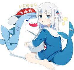 Rule 34 | 1girl, 1other, absurdres, animal, animal costume, animal hood, barefoot, bloop (gawr gura), blue eyes, blue hair, crying, crying with eyes open, feet, fins, fish tail, frown, gawr gura, gawr gura (1st costume), highres, hololive, hololive english, hood, hood down, jiryu50610218, light blush, looking at viewer, medium hair, multicolored hair, shark, shark costume, shark girl, shark hood, shark tail, sidelocks, simple background, sitting, soles, star (symbol), streaked hair, sweatdrop, tail, tears, toes, two side up, virtual youtuber, white background, white hair