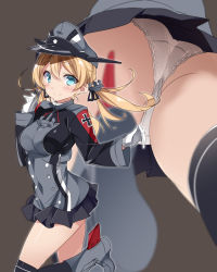 Rule 34 | 10s, 1girl, anchor hair ornament, aqua eyes, ass, black ribbon, black skirt, black thighhighs, blonde hair, blush, breasts, check commentary, commentary request, cross, from below, gloves, hair ornament, hat, highres, iron cross, kantai collection, long hair, long sleeves, looking at viewer, low twintails, microskirt, military, military hat, military uniform, mtu (orewamuzituda), multiple views, panties, peaked cap, pleated skirt, prinz eugen (kancolle), ribbon, skirt, smile, standing, thighhighs, twintails, underwear, uniform, white gloves, white panties