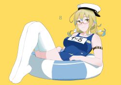 Rule 34 | 10s, 1girl, ahoge, blonde hair, blue eyes, full body, glasses, hat, i-8 (kancolle), innertube, kantai collection, low twintails, name tag, ojipon, one-piece swimsuit, peaked cap, plantar flexion, red-framed eyewear, sailor hat, school swimsuit, semi-rimless eyewear, simple background, solo, swim ring, swimsuit, thighhighs, twintails, under-rim eyewear, white thighhighs, yellow background