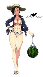 Rule 34 | 1girl, abs, bead bracelet, beads, bikini, black hood, bracelet, character name, cross, cross necklace, feet, flip-flops, food, fruit, hat, highres, jacket, jewelry, kamezaemon, multicolored hair, necklace, ring, sandals, short shorts, shorts, solo, straw hat, striped bikini, striped bikini top, striped clothes, swimsuit, toes, toned, track jacket, two-tone hair, watermelon