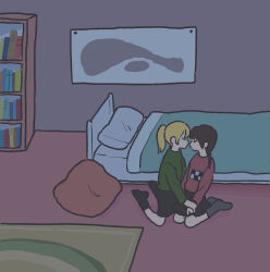 Rule 34 | 2girls, bed, bedroom, black skirt, black socks, blonde hair, bookshelf, braid, brown hair, closed eyes, closed mouth, commentary request, expressionless, face-to-face, from side, fucca, green sweater, grey socks, highres, holding another&#039;s wrist, imminent kiss, indoors, long hair, long sleeves, madotsuki, multiple girls, no shoes, on floor, pillow, pink sweater, poniko, ponytail, poster (object), print sweater, profile, skirt, socks, sweater, wide shot, yume nikki, yuri