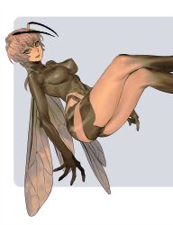 Rule 34 | 1girl, antennae, arthropod girl, blue background, bodysuit, breasts, brown eyes, brown hair, covered erect nipples, highres, long hair, looking at viewer, medium breasts, monster girl, multicolored background, muni (fdrk), open mouth, original, solo, wasp girl, white background, wings