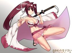 Rule 34 | 1girl, bare arms, bare shoulders, bikini, blush, breasts, cleavage, closed mouth, commentary, commission, cowfee, english commentary, goggles, goggles on head, gradient background, grey background, highres, holding, holding sword, holding weapon, jacket, jacket on shoulders, katana, large breasts, long hair, looking at viewer, navel, over shoulder, ponytail, red eyes, red hair, sandals, signature, slit pupils, smile, solo, swimsuit, sword, under night in-birth, very long hair, weapon, weapon over shoulder, white bikini, yuzuriha (under night in-birth)