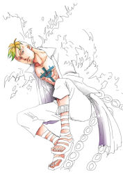 Rule 34 | 1boy, blonde hair, fiery wings, fire, male focus, marco (one piece), one piece, pirate, sandals, solo, spot color, tattoo, transformation, wings